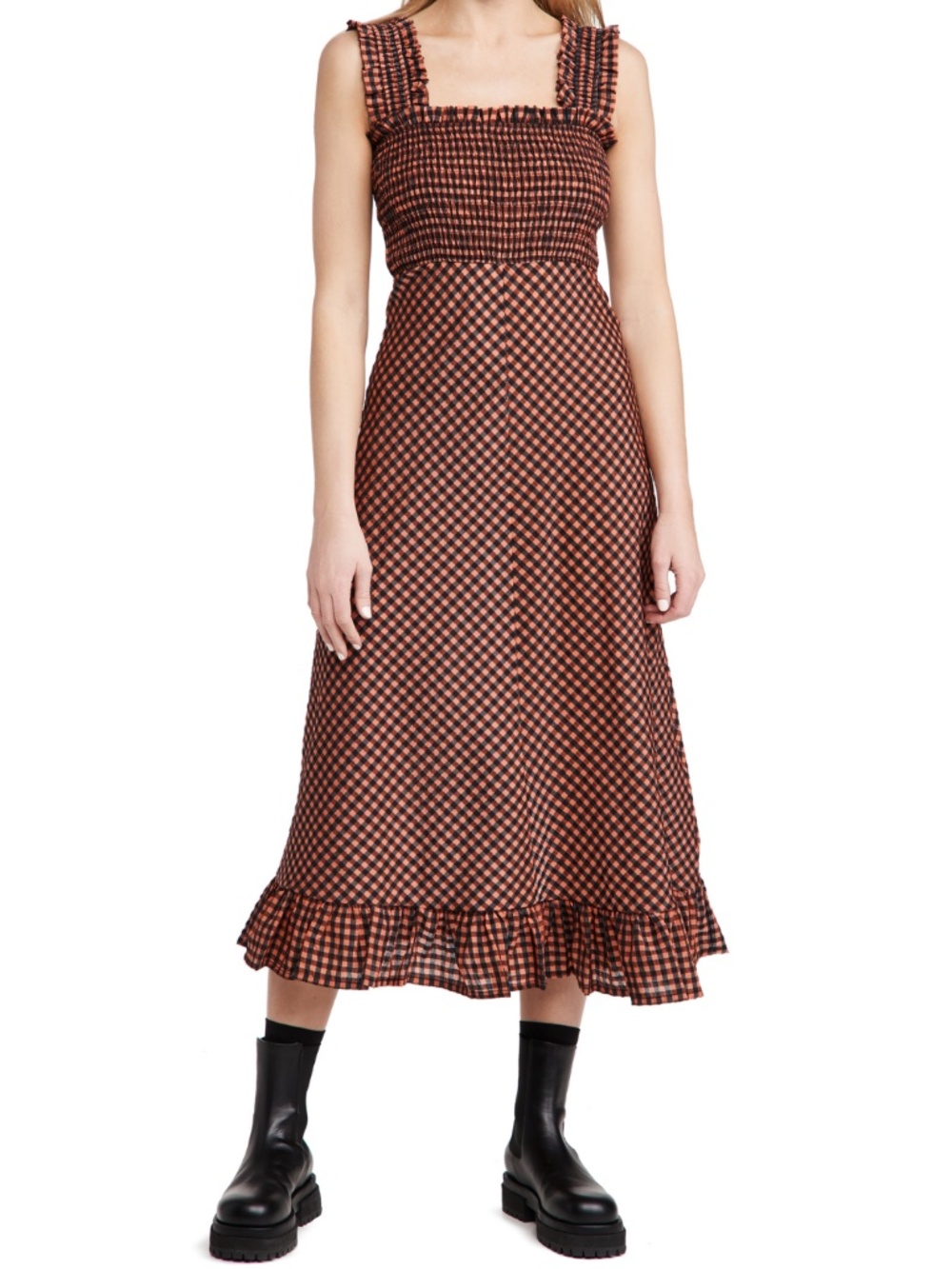NEW Ganni Seersucker Check Dress Flame 40 - Picture 6 of 17